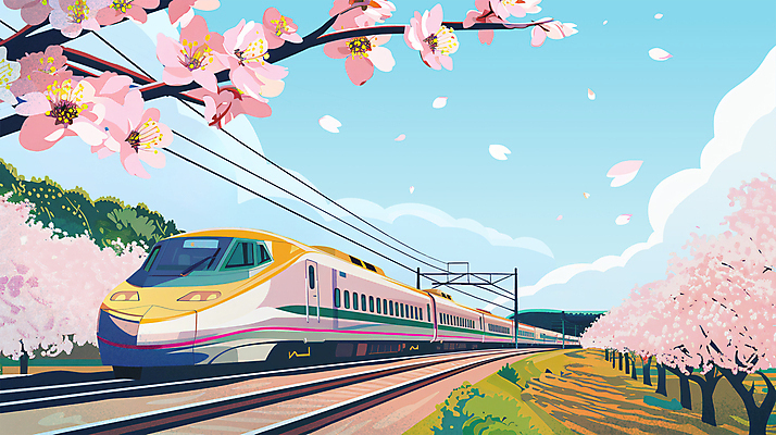 PSD 구름 일러스트 하늘 풍경 사람없음 봄풍경 봄 기찻길 기차 벚꽃 벚나무 기차여행 봄여행 봄배경 국내일러스트 자연요소 나무 계절 꽃 육상교통 여행 백그라운드 대중교통 파일형식