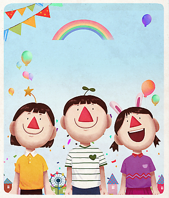 PSD 여자 남자 어린이 무지개 일러스트 미소 소녀 소년 상반신 세명 친구 새싹 축제 놀이공원 어린이날 즐거움 토끼머리띠 5월행사 꽃가루 대관람차 가정의달 풍선 가랜드 어린이만 국내일러스트 자연요소 식물 기념일 감정 관계 표정 사람 이벤트 테마파크 머리띠 놀이기구 5월 가루 파티용품 파일형식