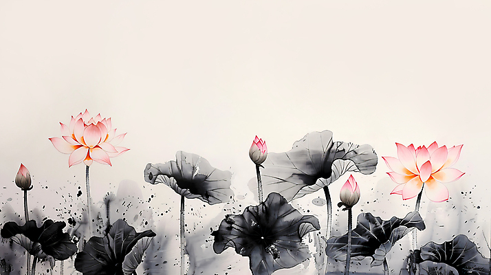 JPG 불교 일러스트 자연 연꽃 수묵화 사람없음 공백 연못 연잎 번짐 국내일러스트 AI일러스트 AI콘텐츠 꽃 종교 잎 미술 생태계 파일형식 효과