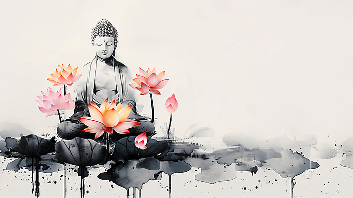 JPG 불교 일러스트 자연 연꽃 수묵화 사람없음 공백 연못 불상 연잎 번짐 국내일러스트 AI일러스트 AI콘텐츠 꽃 종교 잎 미술 생태계 파일형식 효과