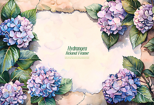PSD 편집이미지 종이 잎 수채화 프레임 사람없음 파란색 봄 테두리 찢어짐 수국 카피스페이스 이미지편집 식물 계절 꽃 컬러 모션 공백 파일형식