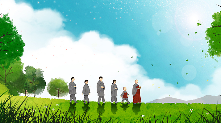 전신 PSD 나무 구름 여자 남자 종교 어린이 일러스트 자연 하늘 산 소년 여러명 청년 성인 야외 햇빛 걷기 맑음 풀 승려 명상 동자승 나란히 수양 템플스테이 국내일러스트 자연요소 식물 다수 불교 모션 날씨 사람 태양 체험 성직자 생태계 파일형식