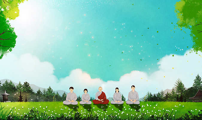 전신 PSD 나무 구름 여자 남자 종교 일러스트 자연 산 앉기 여러명 청년 성인 야외 건물 햇빛 탑 맑음 기도 풀 숲 승려 명상 손모으기 수양 템플스테이 성인만 국내일러스트 자연요소 식물 건축물 다수 불교 모션 날씨 사람 손짓 태양 체험 성직자 생태계 파일형식