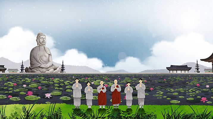 전신 PSD 구름 여자 남자 종교 일러스트 자연 산 연꽃 여러명 청년 성인 야외 건물 강 동상 탑 맑음 기도 풀 승려 불상 연잎 명상 부처 손모으기 수양 템플스테이 성인만 국내일러스트 자연요소 식물 건축물 꽃 다수 잎 불교 날씨 사람 손짓 조형물 체험 성직자 생태계 기념물 파일형식