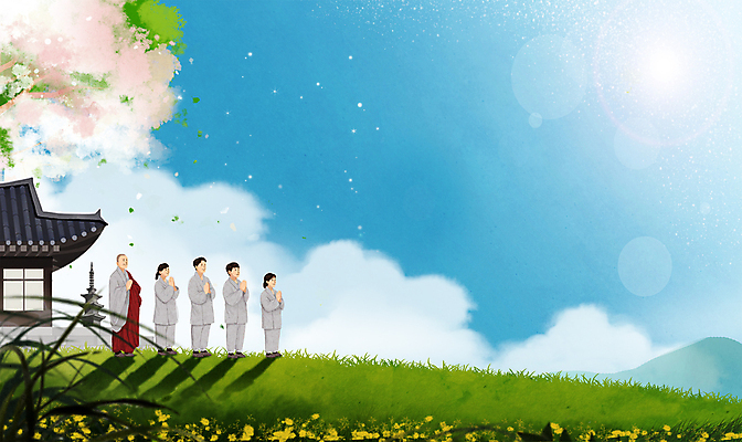 전신 PSD 나무 구름 여자 남자 종교 일러스트 자연 산 여러명 청년 성인 야외 건물 햇빛 맑음 풀 승려 명상 손모으기 수양 템플스테이 성인만 국내일러스트 자연요소 식물 건축물 다수 불교 날씨 사람 손짓 태양 체험 성직자 생태계 파일형식