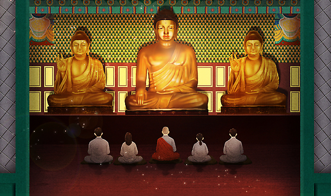 전신 PSD 여자 남자 종교 일러스트 자연 실내 여러명 청년 성인 동상 문 공간 기도 승려 명상 부처 금불상 수양 템플스테이 성인만 국내일러스트 다수 불교 사람 내부 조형물 체험 성직자 불상 생태계 기념물 파일형식