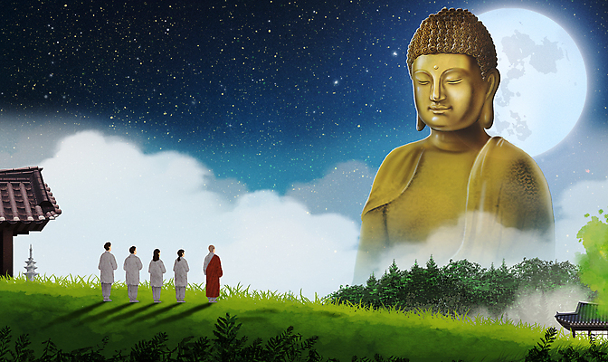 전신 PSD 나무 구름 여자 남자 종교 일러스트 자연 여러명 청년 성인 야외 건물 동상 달 기도 풀 야간 승려 명상 부처 금불상 수양 템플스테이 성인만 국내일러스트 자연요소 식물 건축물 다수 불교 사람 조형물 체험 성직자 불상 생태계 기념물 파일형식