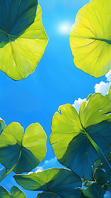 JPG 구름 백그라운드 일러스트 자연 하늘 나뭇잎 밝음 그림자 사람없음 초록색 여름 햇빛 태양 맑음 싱그러움 국내일러스트 AI일러스트 AI콘텐츠 자연요소 계절 컬러 잎 날씨 생태계 파일형식