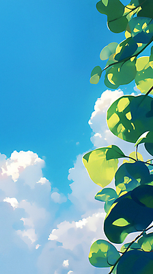 JPG 구름 백그라운드 일러스트 자연 하늘 나뭇잎 밝음 그림자 사람없음 초록색 여름 햇빛 태양 맑음 싱그러움 국내일러스트 AI일러스트 AI콘텐츠 자연요소 계절 컬러 잎 날씨 생태계 파일형식