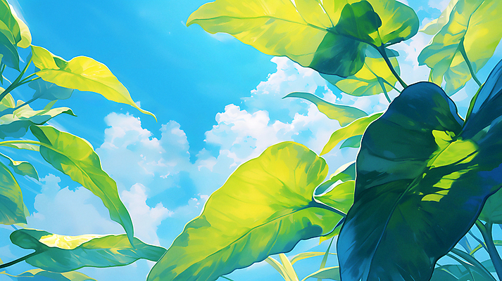 JPG 구름 백그라운드 일러스트 자연 하늘 나뭇잎 밝음 그림자 사람없음 초록색 여름 햇빛 태양 맑음 싱그러움 국내일러스트 AI일러스트 AI콘텐츠 자연요소 계절 컬러 잎 날씨 생태계 파일형식