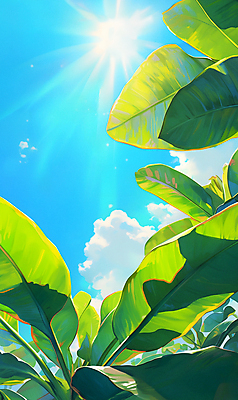 JPG 구름 백그라운드 일러스트 자연 하늘 나뭇잎 밝음 그림자 사람없음 초록색 여름 햇빛 태양 맑음 싱그러움 국내일러스트 AI일러스트 AI콘텐츠 자연요소 계절 컬러 잎 날씨 생태계 파일형식