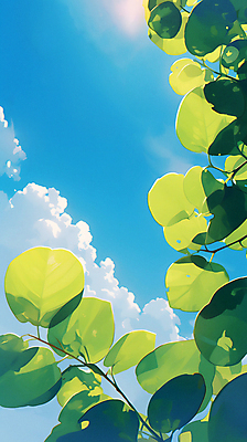 JPG 구름 백그라운드 일러스트 자연 하늘 나뭇잎 밝음 그림자 사람없음 초록색 여름 햇빛 태양 맑음 싱그러움 국내일러스트 AI일러스트 AI콘텐츠 자연요소 계절 컬러 잎 날씨 생태계 파일형식