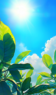 JPG 구름 백그라운드 일러스트 자연 하늘 나뭇잎 밝음 그림자 사람없음 초록색 여름 햇빛 태양 맑음 싱그러움 국내일러스트 AI일러스트 AI콘텐츠 자연요소 계절 컬러 잎 날씨 생태계 파일형식