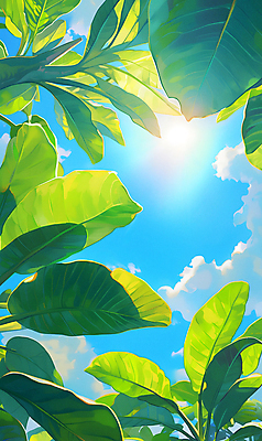JPG 구름 백그라운드 일러스트 자연 하늘 나뭇잎 밝음 그림자 사람없음 초록색 여름 햇빛 태양 맑음 싱그러움 국내일러스트 AI일러스트 AI콘텐츠 자연요소 계절 컬러 잎 날씨 생태계 파일형식