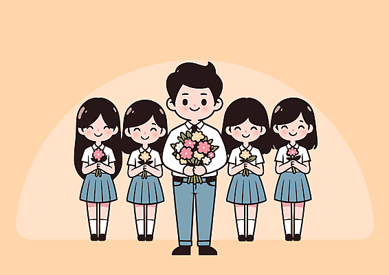 전신 여자 교육 남자 꽃다발 일러스트 학교 청소년 사랑 미소 들기 여러명 성인 교사 스승의날 감사 국내일러스트 AI파일 직업 기념일 꽃 감정 다수 모션 표정 사람 파일형식 벡터