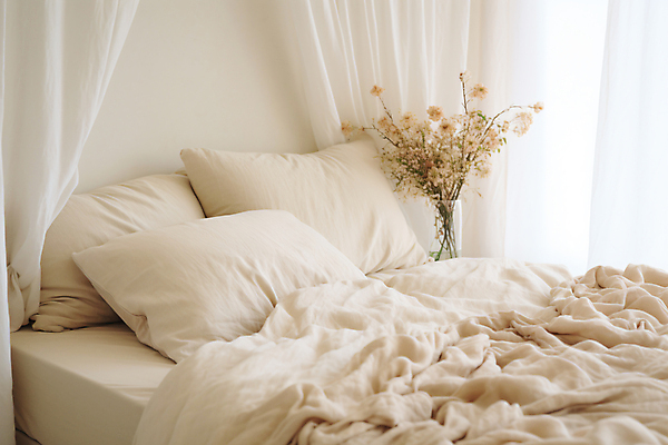 JPG 편집이미지 사람없음 인테리어 꽃병 공간 침실 흰색 침대 커튼 포근함 편안함 드라이플라워 편집실사 AI포토 AI콘텐츠 디자인 꽃 컬러 가구 감각 CG 파일형식