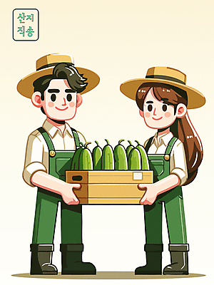 전신 커플 여자 남자 일러스트 오이 들기 성인 두명 판매 수확 신선 농부 나무상자 밀짚모자 직거래 성인만 산지직송 국내일러스트 AI파일 직업 모자_잡화 농업 채소 관계 모션 사람 상자 거래 배송 파일형식 벡터 직송