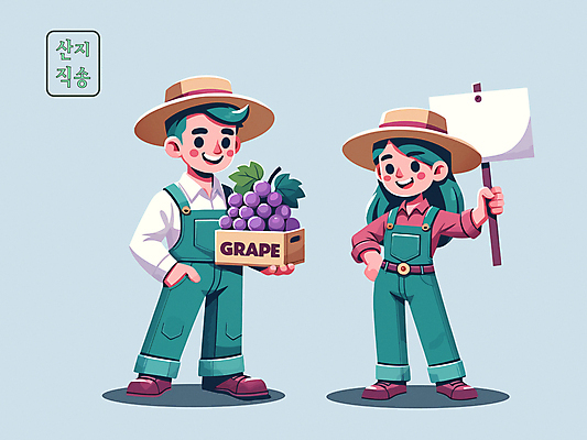 전신 여자 남자 허리손 과일 일러스트 포도 들기 성인 두명 판매 팻말 수확 신선 농부 나무상자 밀짚모자 주머니손 직거래 성인만 산지직송 국내일러스트 AI파일 직업 모자_잡화 포즈 농업 모션 프레임 사람 상자 거래 배송 파일형식 벡터 직송