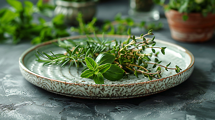 JPG 편집이미지 접시 잎 재료 건강 사람없음 봄 허브 디지털합성 편집실사 AI포토 AI콘텐츠 식물 식기 계절 CG 파일형식