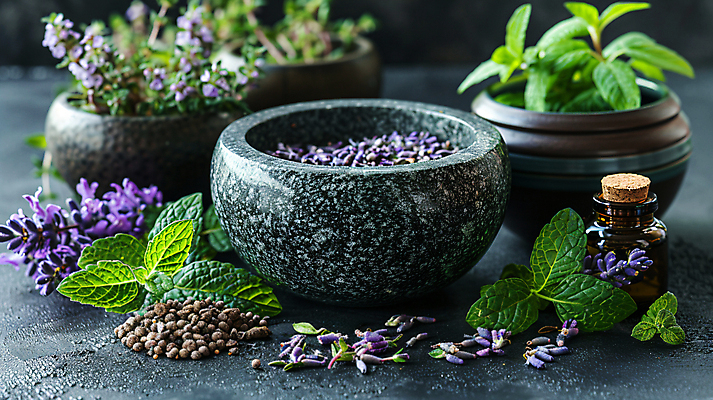 JPG 편집이미지 꽃 잎 재료 건강 사람없음 봄 항아리 약초 허브 디지털합성 절구 공병 편집실사 AI포토 AI콘텐츠 식물 계절 도구 도자기 풀_식물 CG 병_담는 파일형식