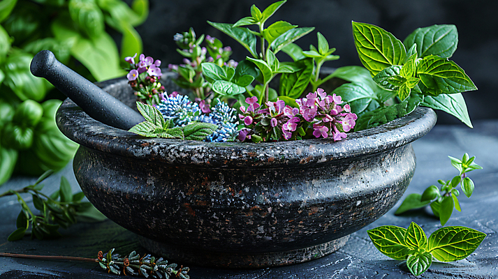 JPG 편집이미지 잎 재료 건강 사람없음 봄 방망이 약초 허브 디지털합성 절구 편집실사 AI포토 AI콘텐츠 식물 계절 도구 풀_식물 CG 파일형식