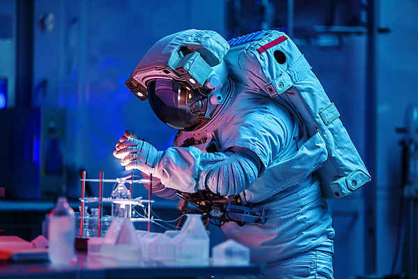 JPG 편집이미지 남자 과학 기술 실험 한명 상반신 성인 반사 우주 우주비행사 우주선 디지털합성 비커 우주복 개발 성인남자한명만 편집실사 AI인물포토 AI콘텐츠 1 옷 실험기구 사람 CG 남자한명만 성인남자만 파일형식 AI포토