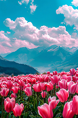 JPG 구름 편집이미지 꽃밭 자연 하늘 산 풍경 사람없음 튤립 디지털합성 몽환 편집실사 AI포토 AI콘텐츠 자연요소 꽃 컨셉 CG 생태계 파일형식