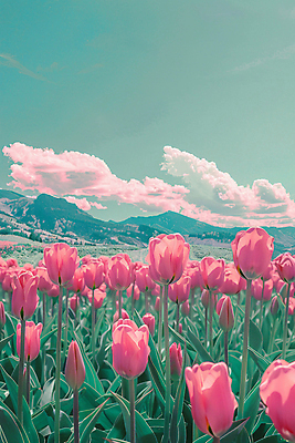 JPG 구름 편집이미지 꽃밭 자연 하늘 산 풍경 사람없음 튤립 디지털합성 몽환 편집실사 AI포토 AI콘텐츠 자연요소 꽃 컨셉 CG 생태계 파일형식