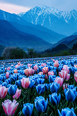 JPG 구름 편집이미지 꽃밭 자연 하늘 산 풍경 사람없음 튤립 디지털합성 몽환 편집실사 AI포토 AI콘텐츠 자연요소 꽃 컨셉 CG 생태계 파일형식