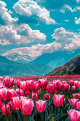 JPG 구름 편집이미지 꽃밭 자연 하늘 산 풍경 사람없음 튤립 디지털합성 몽환 편집실사 AI포토 AI콘텐츠 자연요소 꽃 컨셉 CG 생태계 파일형식