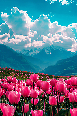 JPG 구름 편집이미지 꽃밭 자연 하늘 산 풍경 사람없음 튤립 디지털합성 몽환 편집실사 AI포토 AI콘텐츠 자연요소 꽃 컨셉 CG 생태계 파일형식