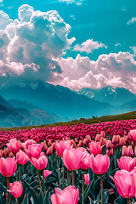 JPG 구름 편집이미지 꽃밭 자연 하늘 산 풍경 사람없음 튤립 디지털합성 몽환 편집실사 AI포토 AI콘텐츠 자연요소 꽃 컨셉 CG 생태계 파일형식