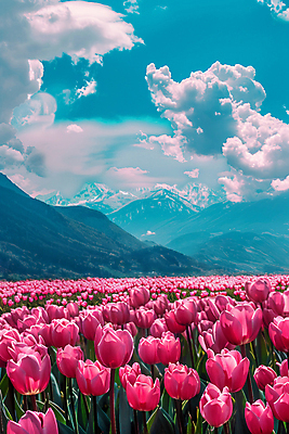 JPG 구름 편집이미지 꽃밭 자연 하늘 산 풍경 사람없음 튤립 디지털합성 몽환 편집실사 AI포토 AI콘텐츠 자연요소 꽃 컨셉 CG 생태계 파일형식