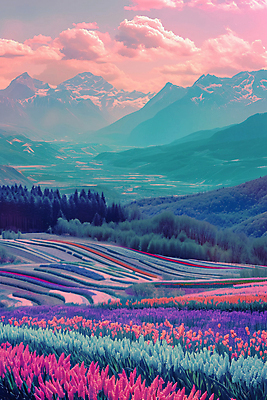 JPG 구름 편집이미지 꽃밭 자연 하늘 산 풍경 사람없음 튤립 디지털합성 몽환 편집실사 AI포토 AI콘텐츠 자연요소 꽃 컨셉 CG 생태계 파일형식