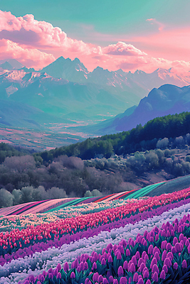 JPG 구름 편집이미지 꽃밭 자연 하늘 산 풍경 사람없음 튤립 디지털합성 몽환 편집실사 AI포토 AI콘텐츠 자연요소 꽃 컨셉 CG 생태계 파일형식