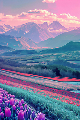 JPG 구름 편집이미지 꽃밭 자연 하늘 산 풍경 사람없음 튤립 디지털합성 몽환 편집실사 AI포토 AI콘텐츠 자연요소 꽃 컨셉 CG 생태계 파일형식