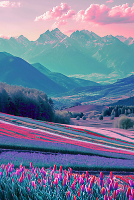 JPG 구름 편집이미지 꽃밭 자연 하늘 산 풍경 사람없음 튤립 디지털합성 몽환 편집실사 AI포토 AI콘텐츠 자연요소 꽃 컨셉 CG 생태계 파일형식