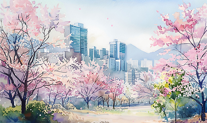 JPG 공원 일러스트 서울 사람없음 건물 봄풍경 봄 벚꽃 벚나무 국내일러스트 AI일러스트 AI콘텐츠 나무 건축물 계절 공공시설 꽃 한국 풍경 파일형식
