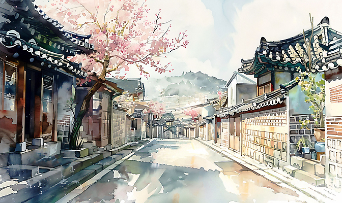 JPG 나무 일러스트 거리 한옥 서울 사람없음 봄풍경 봄 벚꽃 벚나무 한옥마을 국내일러스트 AI일러스트 AI콘텐츠 식물 한국전통 계절 꽃 고건축 한국 풍경 마을 파일형식