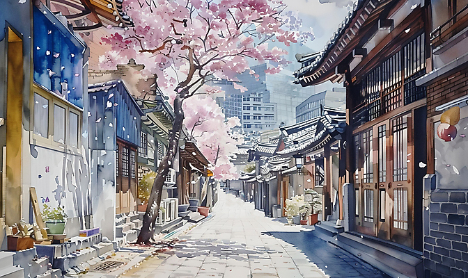 JPG 일러스트 거리 한옥 서울 사람없음 건물 봄풍경 봄 벚꽃 벚나무 한옥마을 국내일러스트 AI일러스트 AI콘텐츠 나무 한국전통 건축물 계절 꽃 고건축 한국 풍경 마을 파일형식