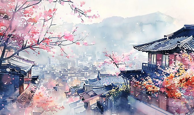 JPG 일러스트 산 한옥 서울 사람없음 건물 봄풍경 봄 벚꽃 벚나무 한옥마을 국내일러스트 AI일러스트 AI콘텐츠 나무 한국전통 건축물 계절 꽃 고건축 한국 풍경 마을 파일형식