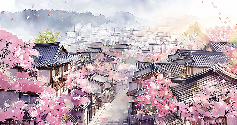 JPG 일러스트 산 거리 한옥 서울 사람없음 건물 봄풍경 봄 벚꽃 벚나무 한옥마을 국내일러스트 AI일러스트 AI콘텐츠 나무 한국전통 건축물 계절 꽃 고건축 한국 풍경 마을 파일형식