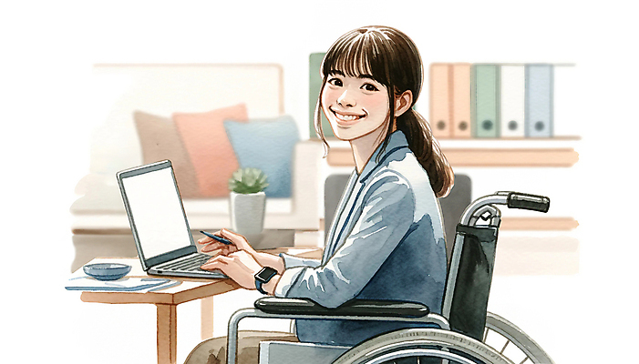 PSD 라이프스타일 응시 여자 일러스트 비즈니스 한명 미소 웃음 앉기 상반신 성인 노트북 업무 장애인 휠체어 활기 장애인의날 성인여자한명만 국내일러스트 1 시선 컨셉 모션 표정 사람 생활 전자제품 작업 장애 여자한명만 성인여자만 파일형식 법정기념일