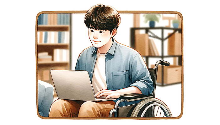 PSD 라이프스타일 응시 남자 일러스트 비즈니스 한명 미소 웃음 앉기 상반신 성인 노트북 업무 장애인 휠체어 활기 장애인의날 성인남자한명만 국내일러스트 1 시선 컨셉 모션 표정 사람 생활 전자제품 작업 장애 남자한명만 성인남자만 파일형식 법정기념일