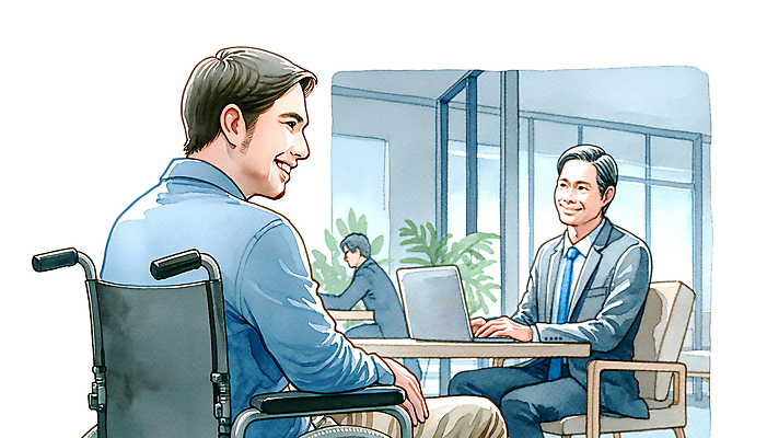 PSD 라이프스타일 남자 의자 일러스트 비즈니스 탁자 협력 미소 앉기 성인 두명 세명 노트북 업무 장애인 휠체어 소통 비장애인 장애인의날 성인남자만 국내일러스트 가구 컨셉 모션 표정 사람 생활 전자제품 작업 장애 남자만 성인만 파일형식 법정기념일