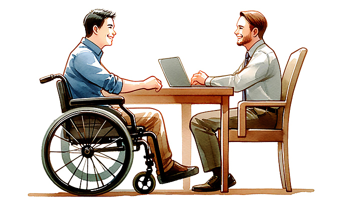 PSD 라이프스타일 남자 의자 일러스트 비즈니스 협력 미소 앉기 성인 두명 노트북 마주보기 업무 장애인 책상 휠체어 소통 비장애인 장애인의날 성인남자만 국내일러스트 가구 컨셉 모션 표정 사람 생활 전자제품 작업 장애 남자만 성인만 파일형식 법정기념일