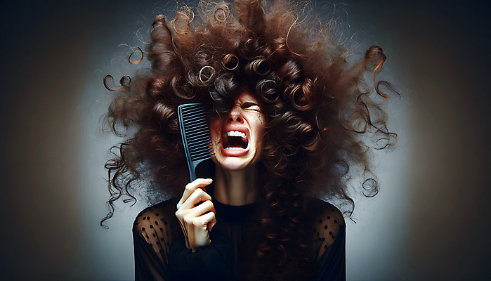 JPG 편집이미지 여자 스트레스 한명 들기 상반신 성인 머리카락 머리빗 거친 파마 엉킴 디지털합성 머릿결 절규 성인여자한명만 편집소스 편집실사 AI인물포토 AI콘텐츠 1 헤어스타일 모션 사람 머리 미용용품 CG 여자한명만 성인여자만 파일형식 AI포토