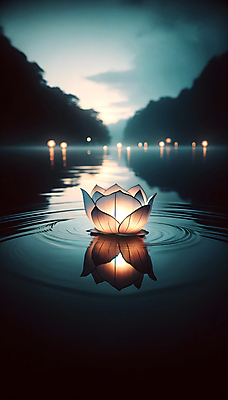 JPG 편집이미지 불교 조명 연꽃 사람없음 빛 반사 고요 연못 수면 야간 디지털합성 연등 물결파장 편집소스 편집실사 AI포토 AI콘텐츠 자연요소 꽃 종교 물결 물 등불 불교용품 CG 파일형식