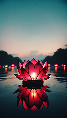 JPG 편집이미지 불교 조명 연꽃 사람없음 빛 반사 고요 연못 수면 야간 디지털합성 연등 편집소스 편집실사 AI포토 AI콘텐츠 자연요소 꽃 종교 물 등불 불교용품 CG 파일형식