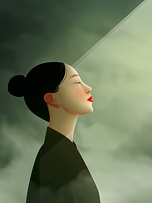 JPG 여자 일러스트 한명 상반신 성인 초록색 빛 눈감음 분위기 명상 올림머리 성인여자한명만 차분 국내일러스트 AI일러스트 AI콘텐츠 1 헤어스타일 컬러 컨셉 모션 사람 여자한명만 성인여자만 파일형식